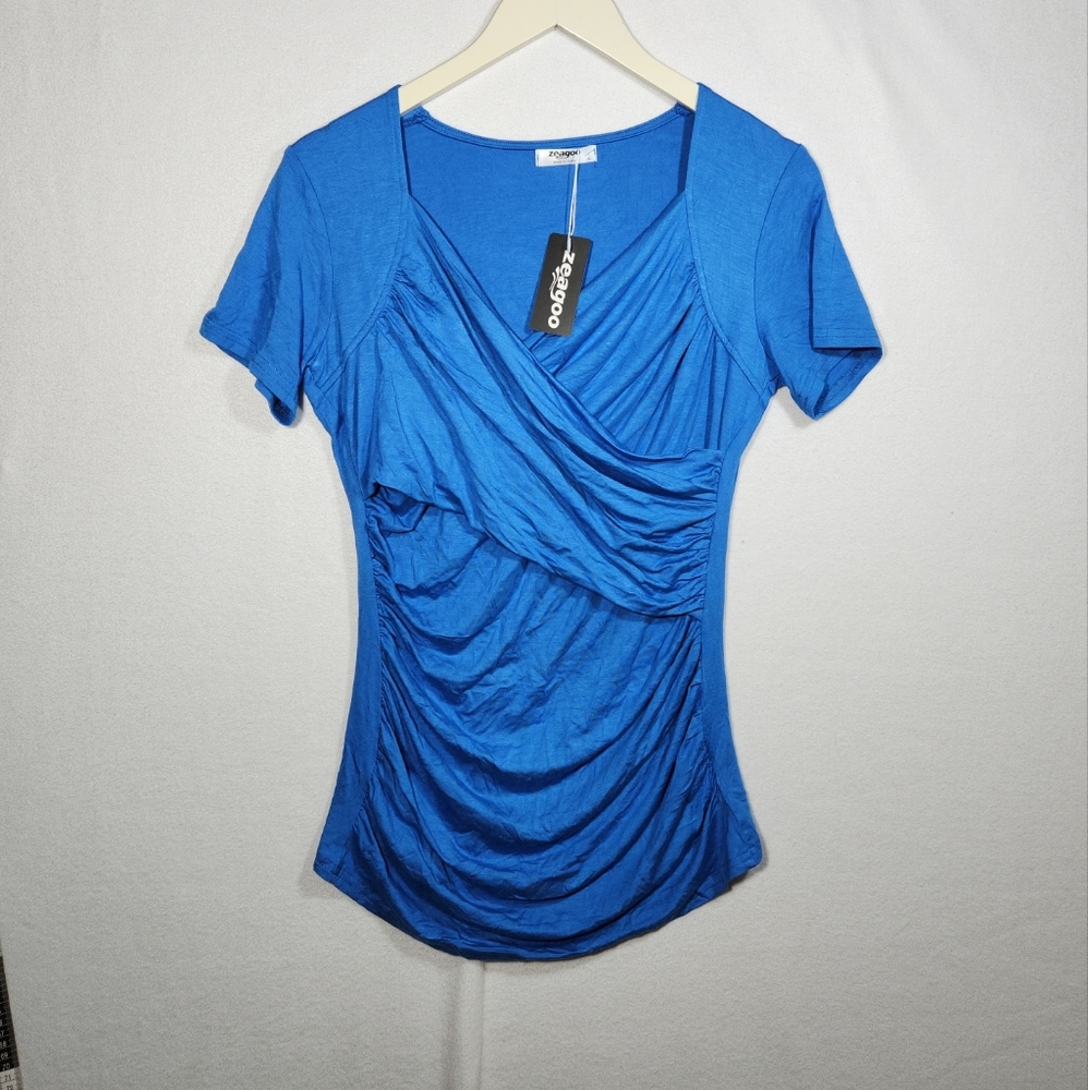 NWT Zeagoo Blouse Short Sleeve Bright Blue Size Medium Short Sleeve.